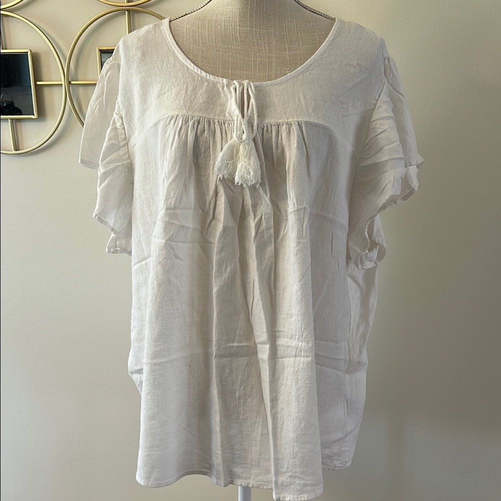 Zac & Rachel White Tassel V- neck Women's Top, boho white, linen/rayon, plus 2X